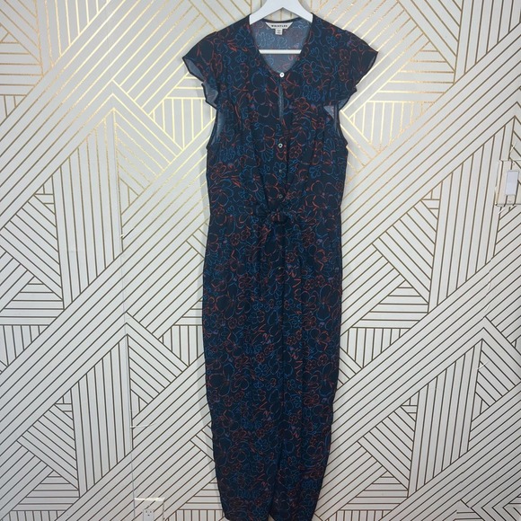 Whistles Outline Floral Jumpsuit Blue Red Button Front Tie Waist Size US 8 - Picture 2 of 11